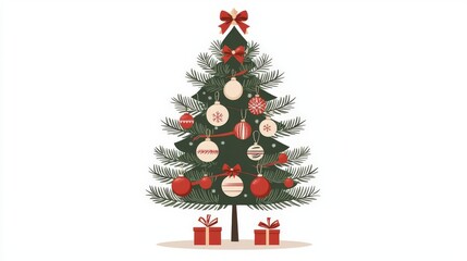 Fototapeta premium A festive Christmas tree adorned with colorful ornaments and a bright red bow, accompanied by neatly wrapped gifts below.