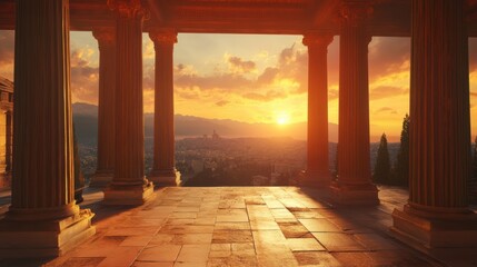 The ancient ruins of a cliffside Greek temple stand tall against a vibrant sunset. The temple's stone pillars glow under the light, providing a contrast to the rocky terrain.