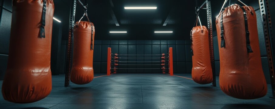 Boxing Gym Interior with Punching Bags and Ring - Powered by Adobe