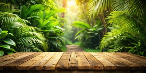 Wooden table surrounded by lush green jungle, perfect for displaying products and decorations in a natural theme