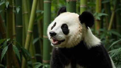 Obraz premium Giant panda in a bamboo forest, looking joyful and relaxed among the greenery