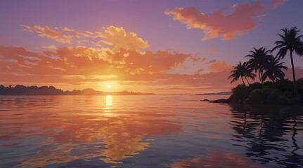 Vibrant Anime-Inspired Sunset with Silhouetted Palm Trees and Golden Waves