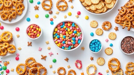 An overhead shot of a delightful assortment of pretzel crackers and colorful snacks scattered on a white table, creating a vibrant and tasty scene perfect for sharing.