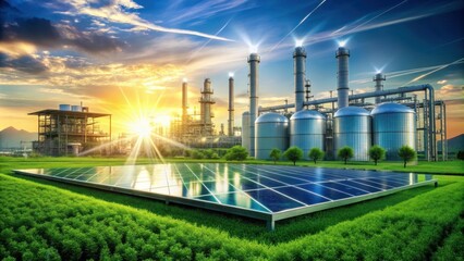 Double exposure of a hydrogen fuel cell plant showcasing both green energy and economic growth