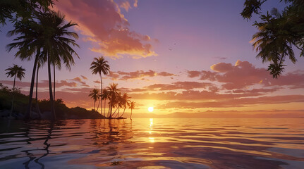 Vibrant Anime-Inspired Sunset with Silhouetted Palm Trees and Golden Waves