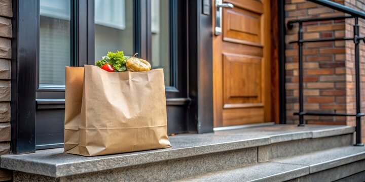 Takeaway meal in a brown paper bag delivered to a residential building doorstep , meal, food, delivery, brown bag, doorstep
