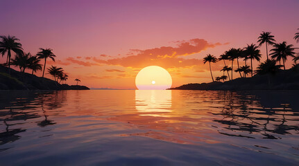 Vibrant Anime-Inspired Sunset with Silhouetted Palm Trees and Golden Waves