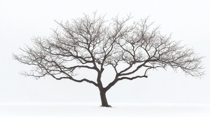 Fototapeta premium A bare tree in winter, with intricate branches reaching out against a white background, creating a minimalist and serene aesthetic.