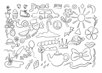 Blank black ink line, pencil, crayon, wax, charcoal texture silhouette line. Kid, childlike coloring book element. Rough simple sketch doodle line for children book. Adorable set back to school 