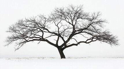 Fototapeta premium A bare tree in winter, with intricate branches reaching out against a white background, creating a minimalist and serene aesthetic.