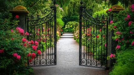Obraz premium The vibrant flowers and greenery surrounding the gate create a sense of charm and tranquility