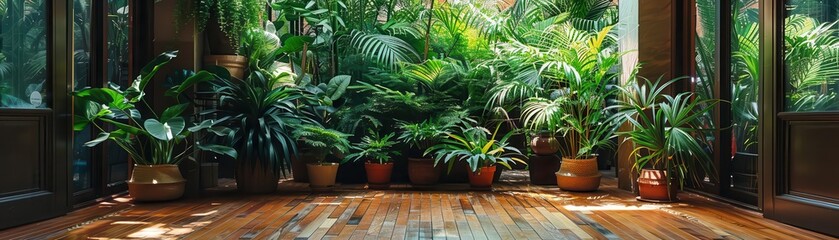 Fototapeta premium Balcony garden with lush plants, vibrant and inviting, Urban, Soft greens, Photograph, Urban oasis