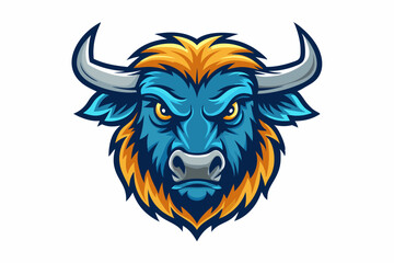 Detailed illustration of a buffalo or yak head in a bold and stylized vector style. The buffalo has large, curved horns, thick fur, and a serious expression, yak head logo vector illustration