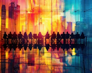 Obraz premium Business meeting with vibrant discussions, dynamic and collaborative, Urban, Bright hues, Photograph, Teamwork