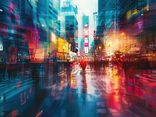 Fototapeta premium Busy city street with dynamic scenes, lively and vibrant, Urban, Bright hues, Photograph, City life