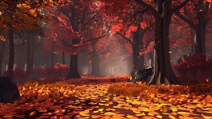 Fototapeta premium A cozy, hidden grove with a carpet of fallen leaves and trees in full autumn shades