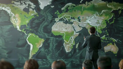 Corporate Leader Discussing Global Green Strategies with Team in Front of World Map
