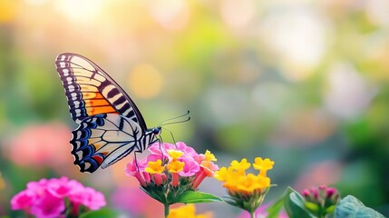 Fototapeta premium Colorful Butterfly on Vibrant Flower Blossoms