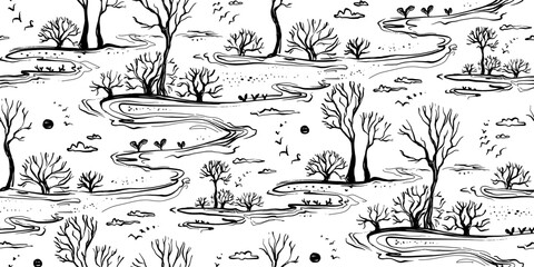 Minimalistic seamless pattern. Simple line vector graphics. Half drop repeat. Trees, bushes, birds, nature, abstract. Doodle black and white silhouette background.