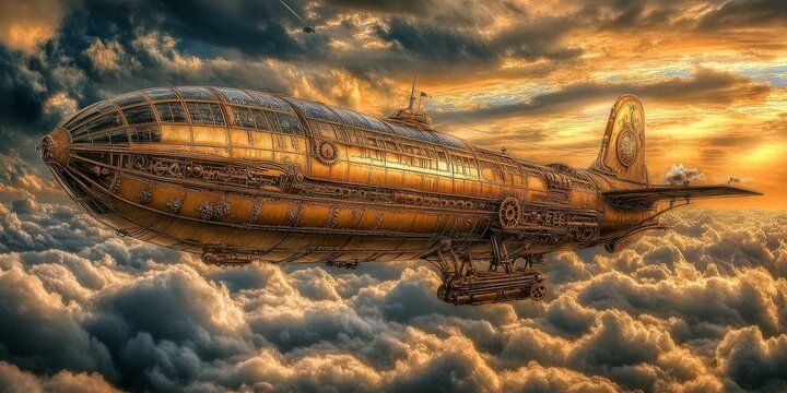 Airship Journey: Depict a steampunk airship filled with gears and propellers, soaring through the clouds, capturing the essence of adventure and travel.