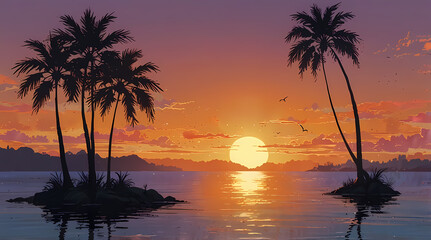 Vibrant Anime-Inspired Sunset with Silhouetted Palm Trees and Golden Waves