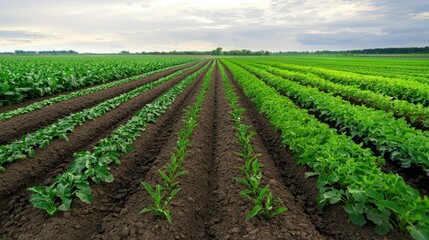 Vibrant Rows of Crops in Fertile Agricultural Field
