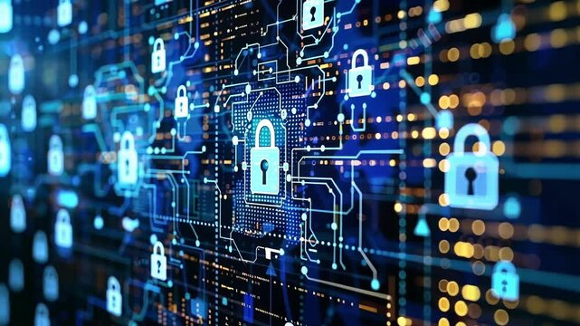Glowing digital padlock icon is displayed on a dark blue circuit board, representing the concept of cybersecurity and data protection