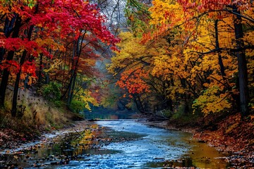 A narrow creek winding through a forest, its banks lined with trees displaying bright autumn colors