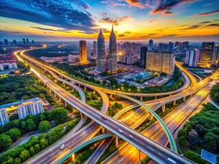 Naklejka premium Aerial View of Modern Urban Infrastructure with Roads, Bridges, and Buildings in a Cityscape