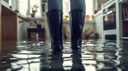 Fototapeta premium A person stands in flooded water wearing rubber boots in a home setting.