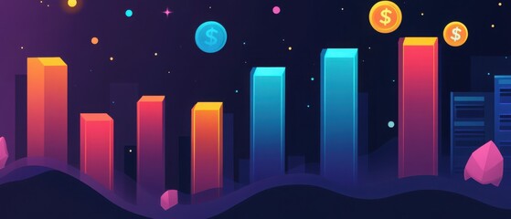 Create a sleek background featuring a growing bar chart and dollar symbols, representing wealth accumulation through smart investments 