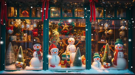 Christmas decorations in the window of an antique store: colorful Christmas balls and snowmen with gifts on display, a tree decorated with lights and toys, a snowy landscape outside the windows