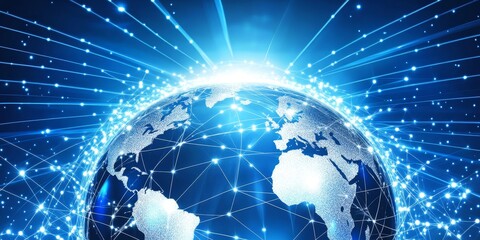 Fototapeta premium Digital Communication Globe: Depict a bright globe covered in a web of lines representing communication channels such as phone networks, internet signals, or wireless con