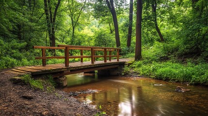 Serene Forest with Wooden Bridge and Peaceful Stream
