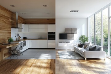Before And After Of Modern Kitchen Apartment Room, Generative AI