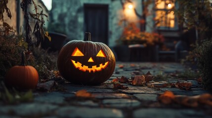 Spooky Jack-o-lantern on a Cobblestone Path