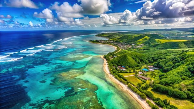 Aerial view of Saipan, Northern Mariana Islands, showcasing its stunning coastline and lush landscape