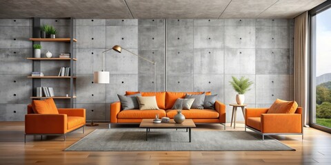 Modern living room with concrete wall and stylish orange furnishings, industrial, chic, living space, interior design, modern