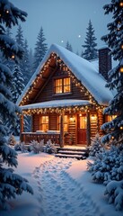 Charming wooden cabin decorated with Christmas lights in a snowy landscape during twilight
