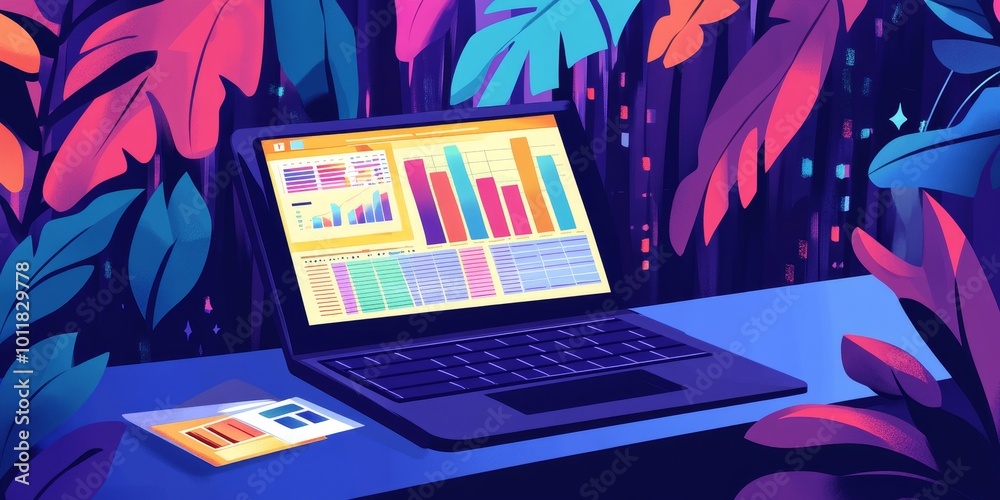 Aufkleber Spreadsheets for Budgeting: Illustrate a laptop with an open spreadsheet used for budgeting, with calculations and colorful charts representing financial data.