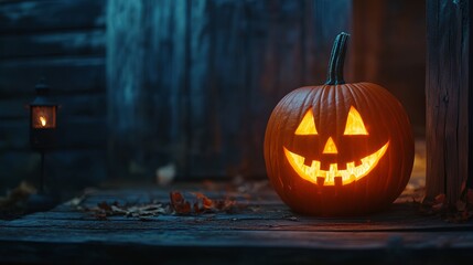 Festive Halloween Pumpkin Lantern Illuminating Rustic Wooden Background for Autumn Celebrations