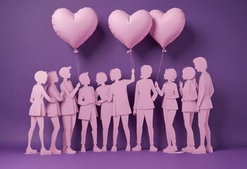 A group of purple paper cut-out figures holding large purple heart-shaped balloons against a dark purple background