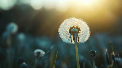 Delicate Dandelion at Sunset in a Green Field