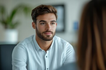 Naklejka premium Young Doctor Sitting At Job Interview, Generative AI