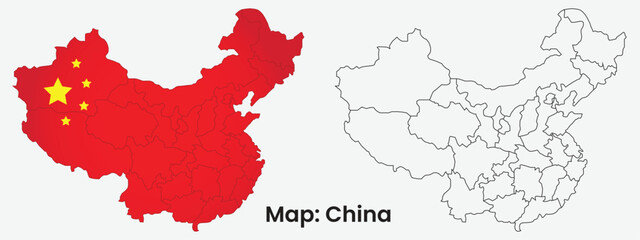 Map of china. Outlined People's Republic of China map country in national flag style vector.