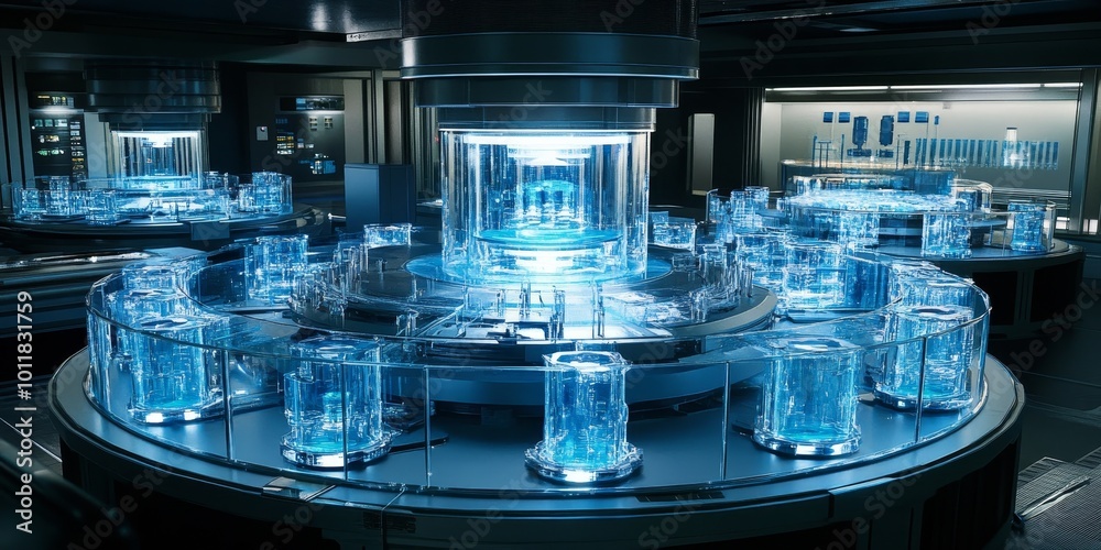 Poster Cellular Automation System: Design an automated system of biotech cells, showing how engineered cells function together with technology, hinting at the future of biomanuf