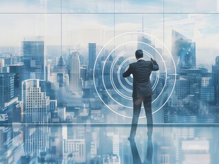 Obraz premium Businessman Drawing Bullseye on Glass Wall with City Skyline Backdrop Symbolizing Precise Goal Setting