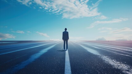 Obraz premium Businessman Standing at the Starting Line of a Long Journey to Reach His Goal
