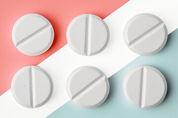 A row of white pills are arranged on a pink background