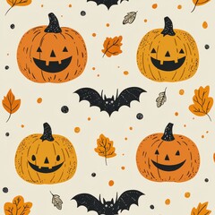 Jack-o-lanterns and bats in Halloween-themed illustration